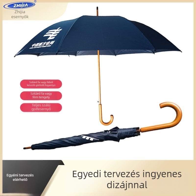 Golf esernyő ívelt tömör fa nyéllel és fa tengellyel, 8 rostos bordázat váz, ütésálló vászon fedél, UPF >50, testreszabás elérhető