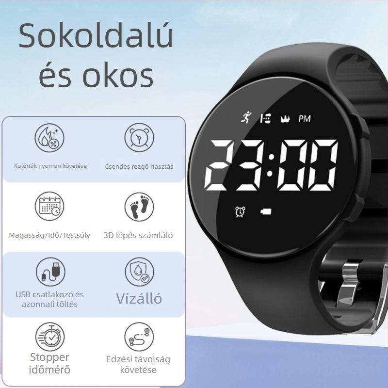 Sportos pedométer óra diákoknak, digitális kijelző, 50 m vízállóság, elektronikus működés, szilikon szíj, műanyag tokozás