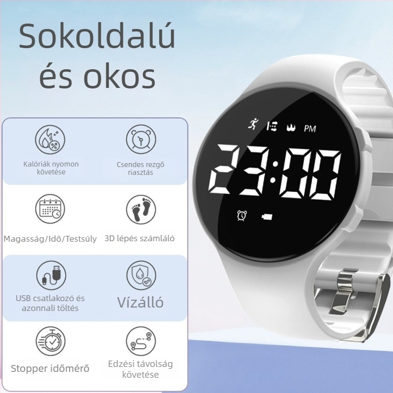 Sportos pedométer óra diákoknak, digitális kijelző, 50 m vízállóság, elektronikus működés, szilikon szíj, műanyag tokozás