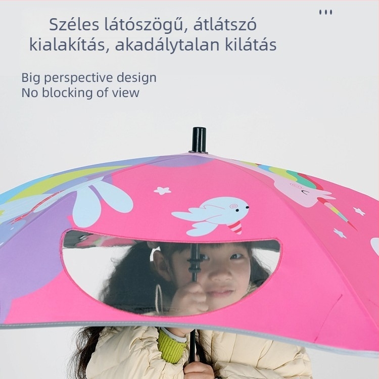 Gyermekeknek szóló nap- és esőernyő, 6 üvegszálas merevívvel, hosszú nyéllel, kézi nyitás-zárás, 190T vinil vászon, nyomtatott logó