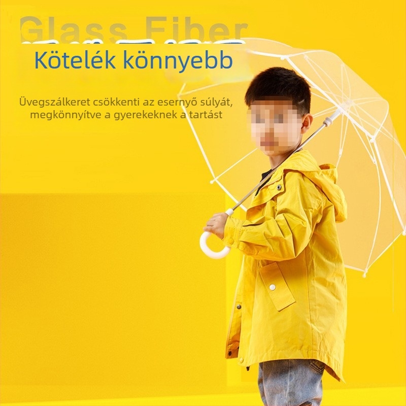 Gyerekeknek készült átlátszó esernyő hosszú fogantyúval, műanyag kupola, 8 borda, acél nyél
