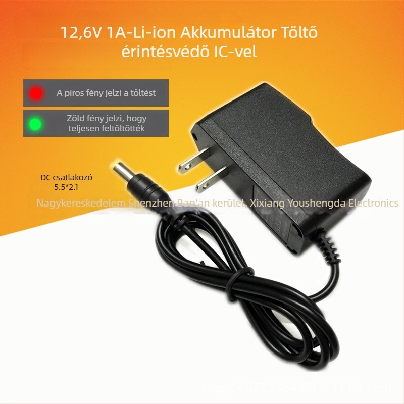 18650 töltő lítium-ion akkukhoz, 12.6V DC 1A, bemenet AC220V, 18650 cellákhoz