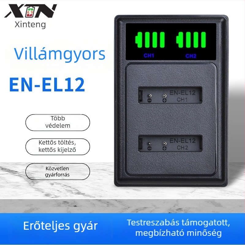 Xintin Nikon EN-EL12 akkumulátor töltő Type-C/Micro USB interfésszel.