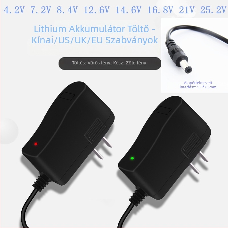 Lítium-ion akkumulátor töltő 18650-es cellákhoz, feszültségtartomány 4.2–25.2V, bemenet 100–240V AC, kimenet 1A