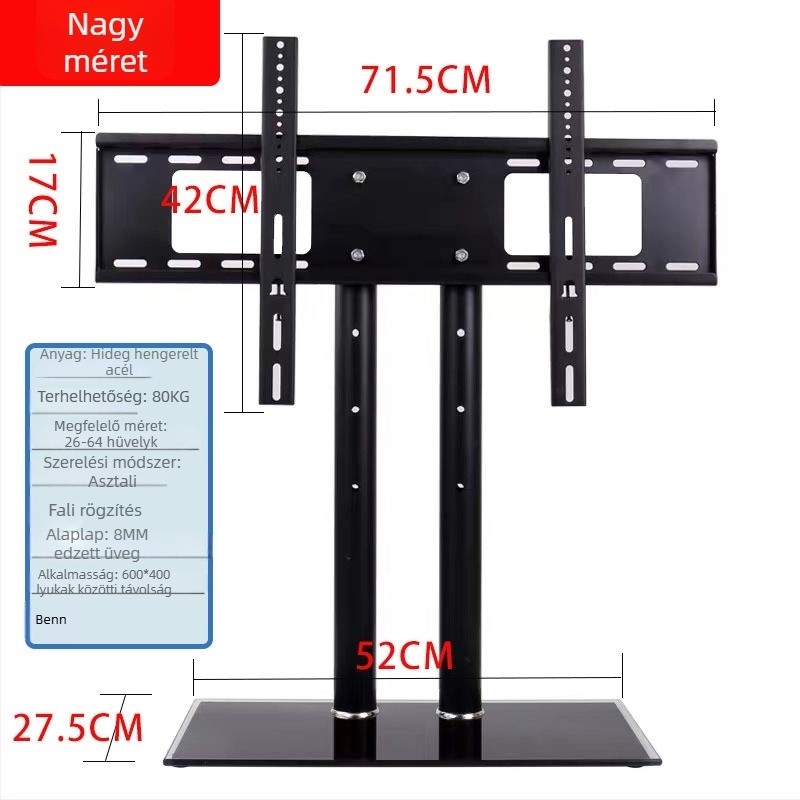 TV/monitor padlóállvány dupla oszlopos talppal, falra szerelhető, teherbírás 15 kg+, mechanikus vezérlés