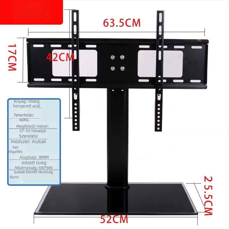 TV/monitor padlóállvány dupla oszlopos talppal, falra szerelhető, teherbírás 15 kg+, mechanikus vezérlés