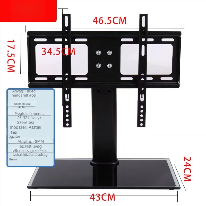 TV/monitor padlóállvány dupla oszlopos talppal, falra szerelhető, teherbírás 15 kg+, mechanikus vezérlés