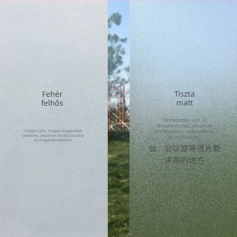 ablakfilm magánéletért – opálos üveg, elektrostatikus ragasztás, PVC, modern minimalista stílus, egyéni feldolgozás