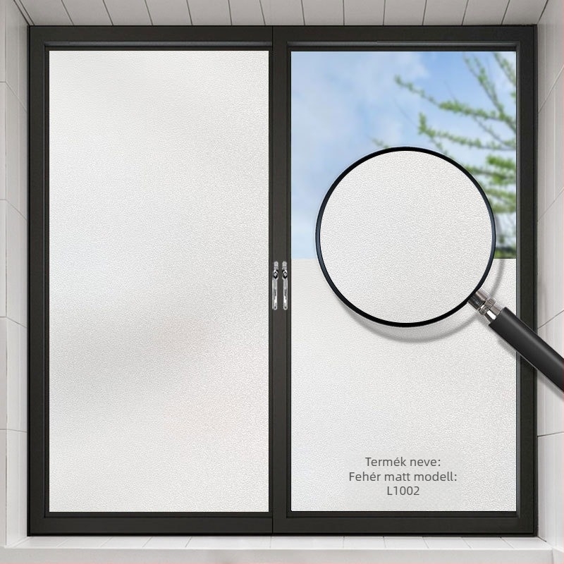 ablakfilm magánéletért – opálos üveg, elektrostatikus ragasztás, PVC, modern minimalista stílus, egyéni feldolgozás