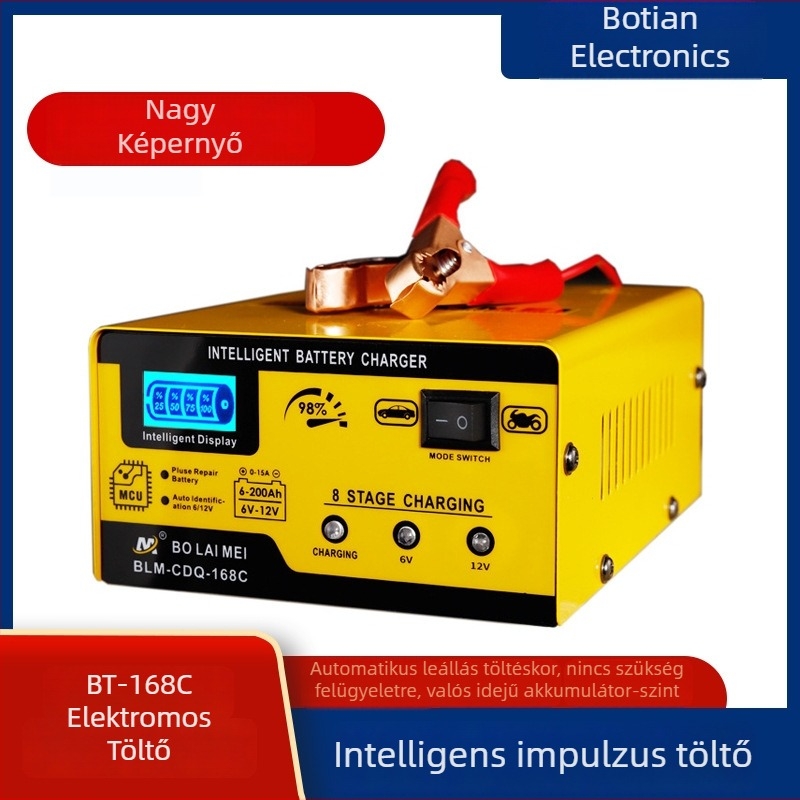 Universal intelligens akkumulátor töltő 6V/12V, bemenet 110–220V, kimenet 12V/24V, töltési áram 10000, Bo Lai Mei
