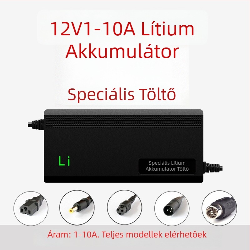 12V Li-ion akkumulátor töltő — kimenet 12,6V, töltési áramerősség 10A, bemenet 110–220V, CE tanúsítvány