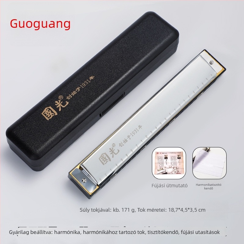 Guoguang 24-lyukú polifonikus szájharmonika — Márka: Guoguang; Modell: Guoguang 24-hole polyphony; Hangnyílások anyaga: gyanta