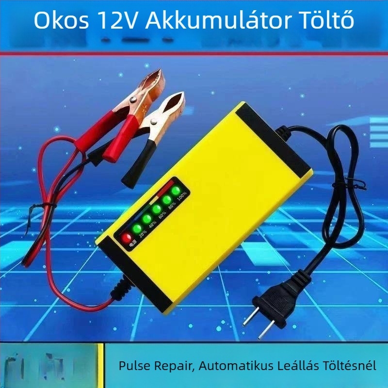 12V-os akkumulátortöltő autókhoz és motorkerékpárokhoz, intelligens töltő