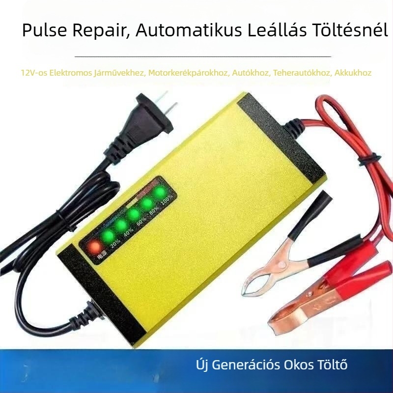 12V-os akkumulátortöltő autókhoz és motorkerékpárokhoz, intelligens töltő