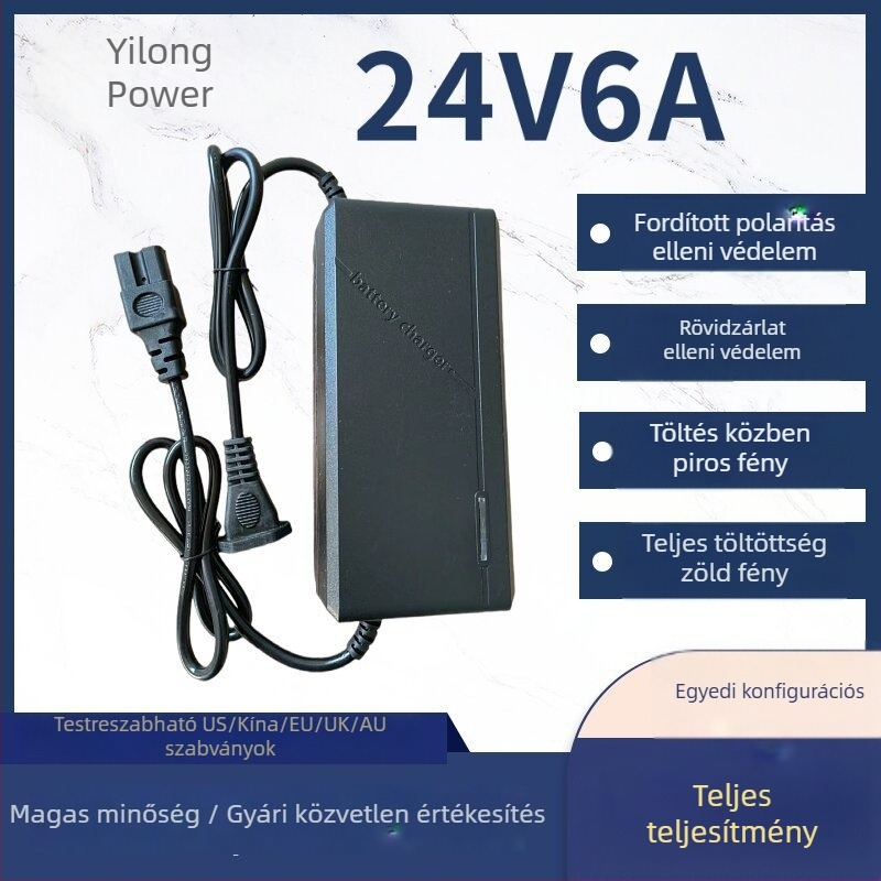 Elektronikus jármű akkumulátortöltő – Yilong, kimenet 24V DC, bemenet 110–240V AC, 50/60 Hz
