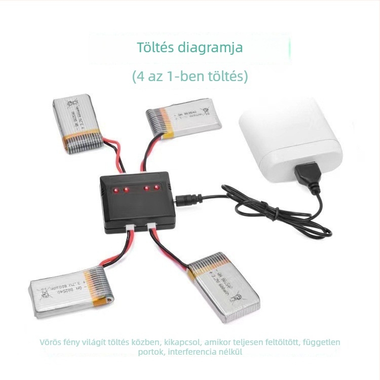 Drón akkumulátor töltő 3.7V, 4-portos védelemmel, bemenet 5V 0.5-3A, kimenet 3.7V 800mAh