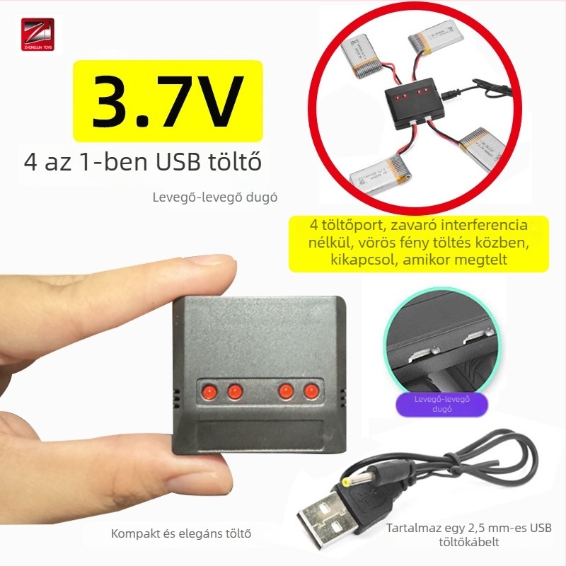 Drón akkumulátor töltő 3.7V, 4-portos védelemmel, bemenet 5V 0.5-3A, kimenet 3.7V 800mAh