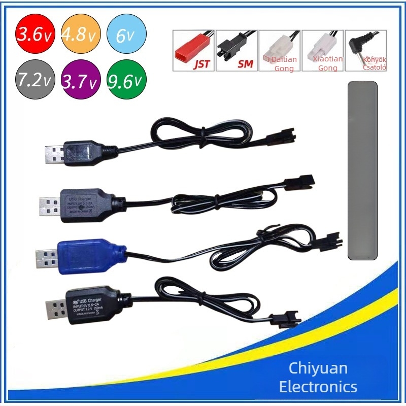 Távirányítós játékakku töltőkábel USB SM csatlakozóval, 5V bemenet, 3.6V, 4.8V, 6V, 7.2V, 9.6V kimenetek, CE tanúsított