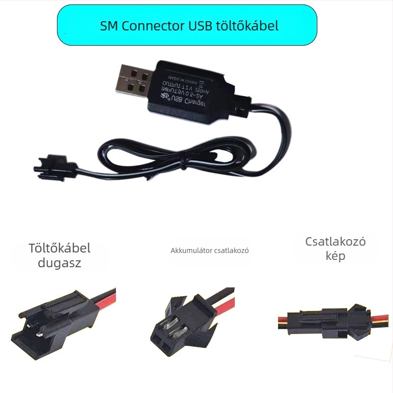 Távirányítós játékakku töltőkábel USB SM csatlakozóval, 5V bemenet, 3.6V, 4.8V, 6V, 7.2V, 9.6V kimenetek, CE tanúsított