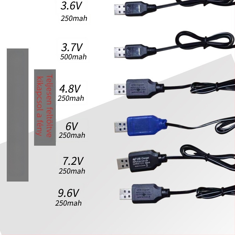 Távirányítós játékakku töltőkábel USB SM csatlakozóval, 5V bemenet, 3.6V, 4.8V, 6V, 7.2V, 9.6V kimenetek, CE tanúsított