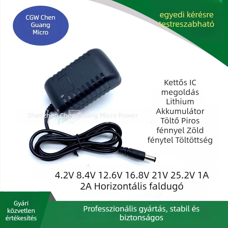 Li-Ion akkumulátor töltő, többfeszültségű: 4.2/5/8.4/12.6/16.8/21/25.2 V, 1A/2A, bemenet 100-240V, Chen Guang micro power supply