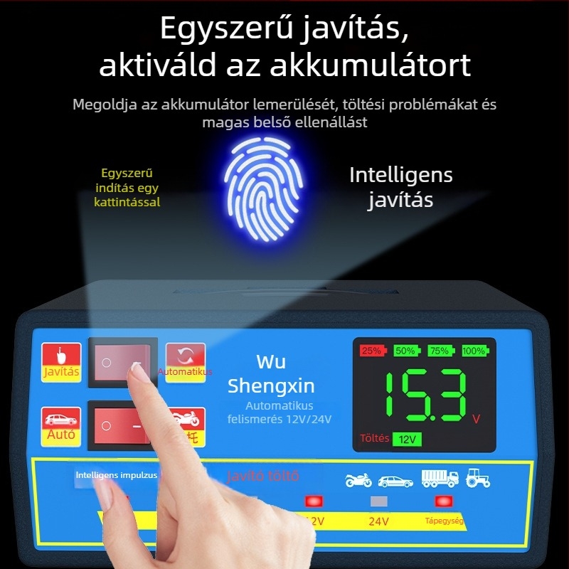 Autóakkumulátor-töltő 12V/24V, nagy teljesítményű, automatikus intelligens működés, univerzális, automatikus kikapcsolás töltéskor