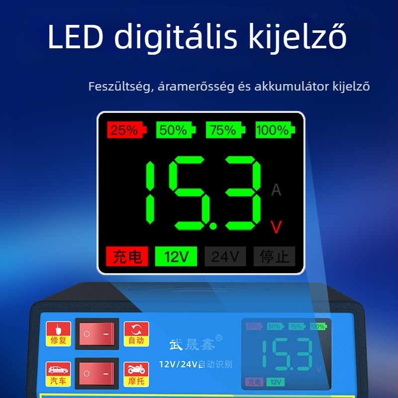 Autóakkumulátor-töltő 12V/24V, nagy teljesítményű, automatikus intelligens működés, univerzális, automatikus kikapcsolás töltéskor