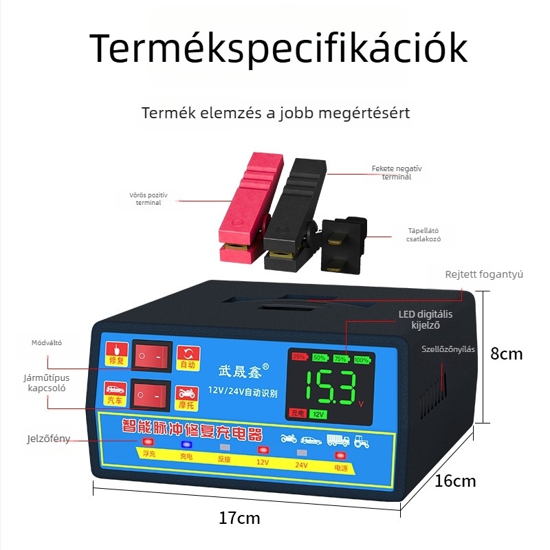 Autóakkumulátor-töltő 12V/24V, nagy teljesítményű, automatikus intelligens működés, univerzális, automatikus kikapcsolás töltéskor