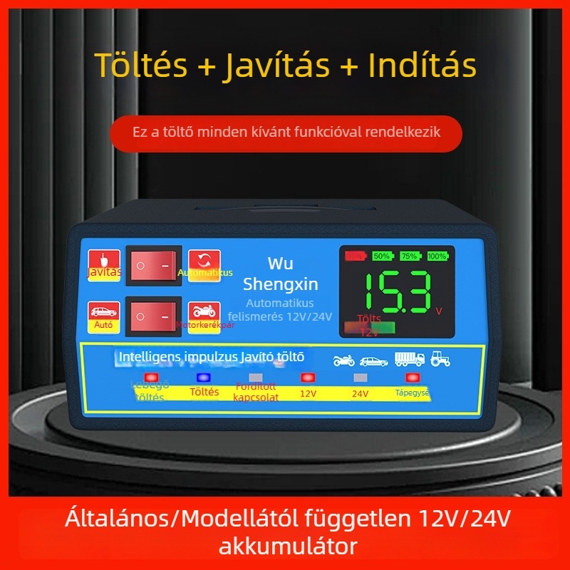 Autóakkumulátor-töltő 12V/24V, nagy teljesítményű, automatikus intelligens működés, univerzális, automatikus kikapcsolás töltéskor