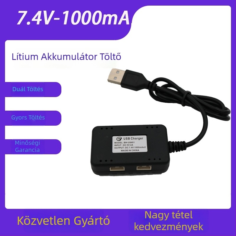 Polimer lítium akkumulátor töltő, 2S, 7.4V, kettős 1A kimenet, USB bemenet 5V 2A