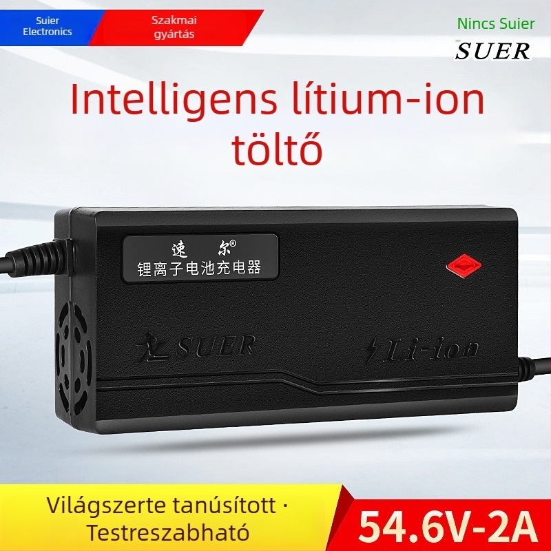 Saul lítiumion akkumulátor töltő elektromos rollerhez / egykerekűhöz, bemenet 110-220V, kimenet 54.6V 3A, EMC/FCC tanúsítvány