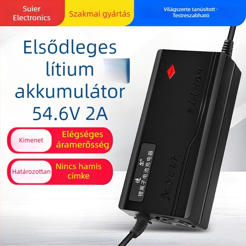 Saul lítiumion akkumulátor töltő elektromos rollerhez / egykerekűhöz, bemenet 110-220V, kimenet 54.6V 3A, EMC/FCC tanúsítvány