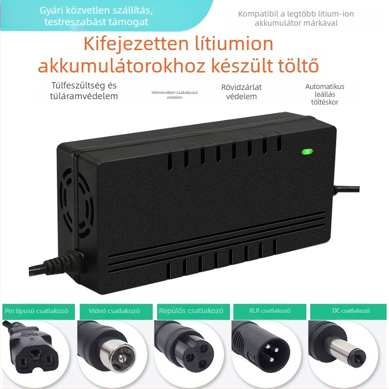 Villanyjármű lítiumakkumulátor töltő – LD-001, Radium Wind; bemenet 100-240V AC, kimenet 54.6V 3A DC, FCC tanúsított