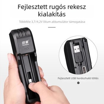 18650-es lítiumakkumulátor töltő egyetlen rekesszel, intelligens gyors töltés, beépített ventilátor és zseblámpa — bemenet 5V, kimenet DC3.7V2A, töltési áram 500mA, UK03 sorozat, CCC tanúsítvány