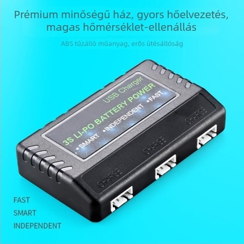 11.1V 3S egyensúlyozó töltő, 3 töltőhely, 800mA/hely, bemenet 5V 2-5A, CE