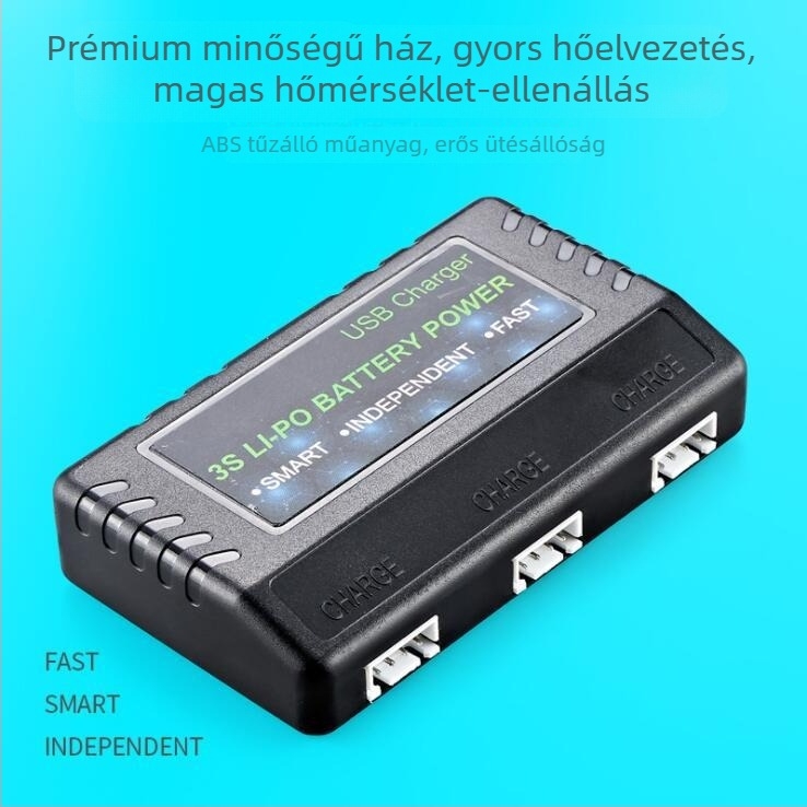 11.1V 3S egyensúlyozó töltő, 3 töltőhely, 800mA/hely, bemenet 5V 2-5A, CE