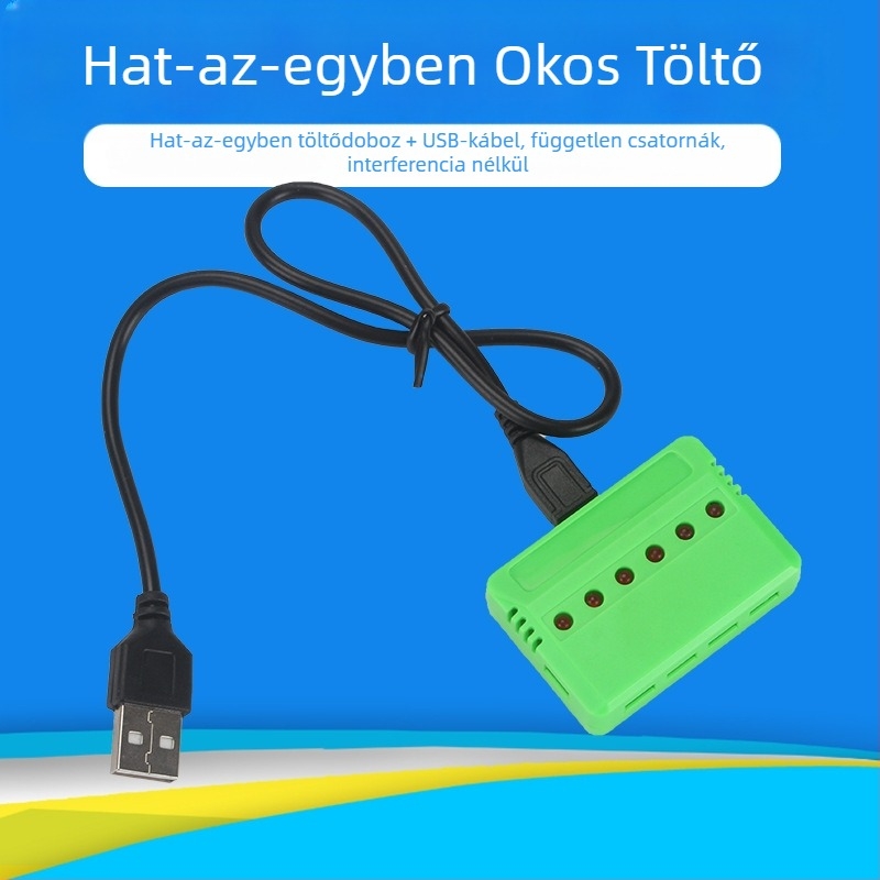 USB töltődoboz 3,7V Li-ion akkukhoz, 6 rekesz, töltésjelző, bemenet 5V 1–2,5A, kimenet 4,2V 500mA×6, CE