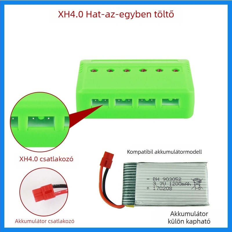 USB töltődoboz 3,7V Li-ion akkukhoz, 6 rekesz, töltésjelző, bemenet 5V 1–2,5A, kimenet 4,2V 500mA×6, CE
