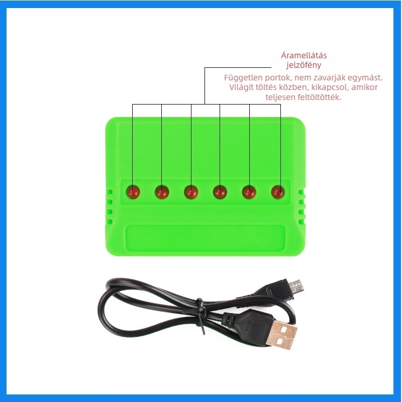USB töltődoboz 3,7V Li-ion akkukhoz, 6 rekesz, töltésjelző, bemenet 5V 1–2,5A, kimenet 4,2V 500mA×6, CE