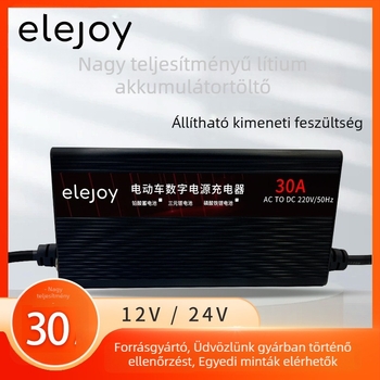 Li-ion/LiFePO4 és ólom-akkumulátorokhoz töltő, 12–24V, max. 30A, állítható töltési áram (10/15/30A), bemenet AC100–240V, ventilátoros hűtés