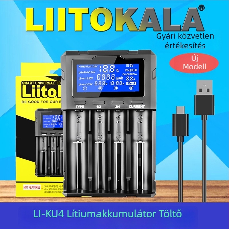 Liitokala QC3.0 töltő négy független töltőhelyekkel és mikro-számítógépes vezérlőrendszerrel, bemenet 5V, kimenet 4.2V/2A