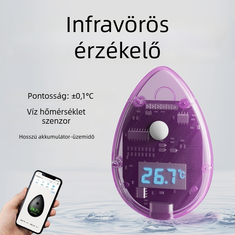 PC anyagú víztermometer; méri a víz hőmérsékletét; belépő típusú szenzor; pontosság ±0,1°C