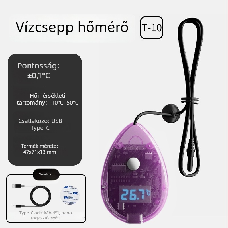 PC anyagú víztermometer; méri a víz hőmérsékletét; belépő típusú szenzor; pontosság ±0,1°C
