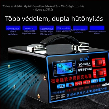 Flags autóakkumulátor töltő, bemenet 100–240V AC, kimenet DC 12V 15A, CE tanúsítvány