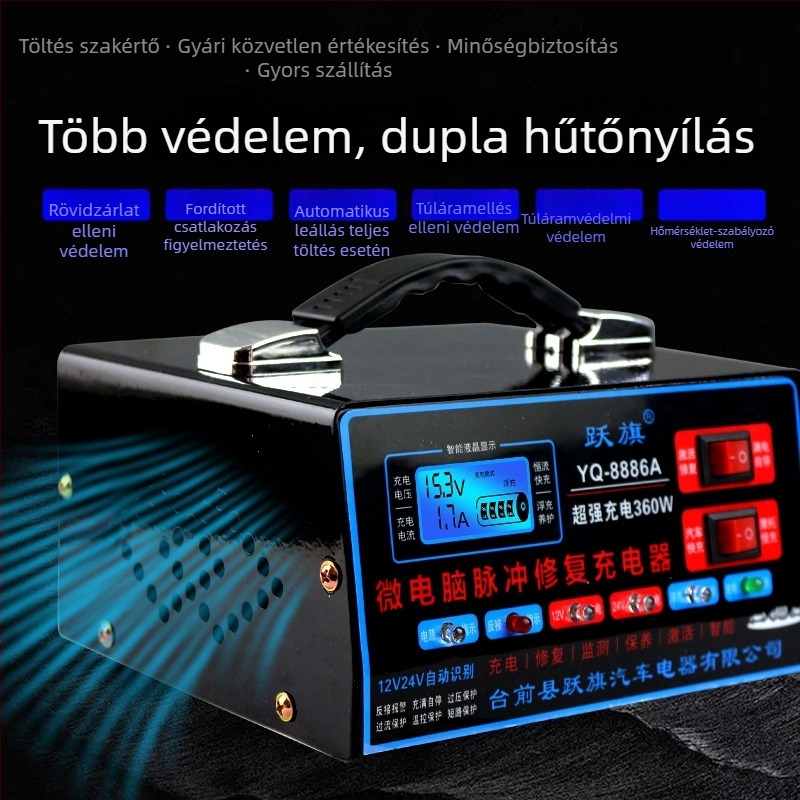 Flags autóakkumulátor töltő, bemenet 100–240V AC, kimenet DC 12V 15A, CE tanúsítvány