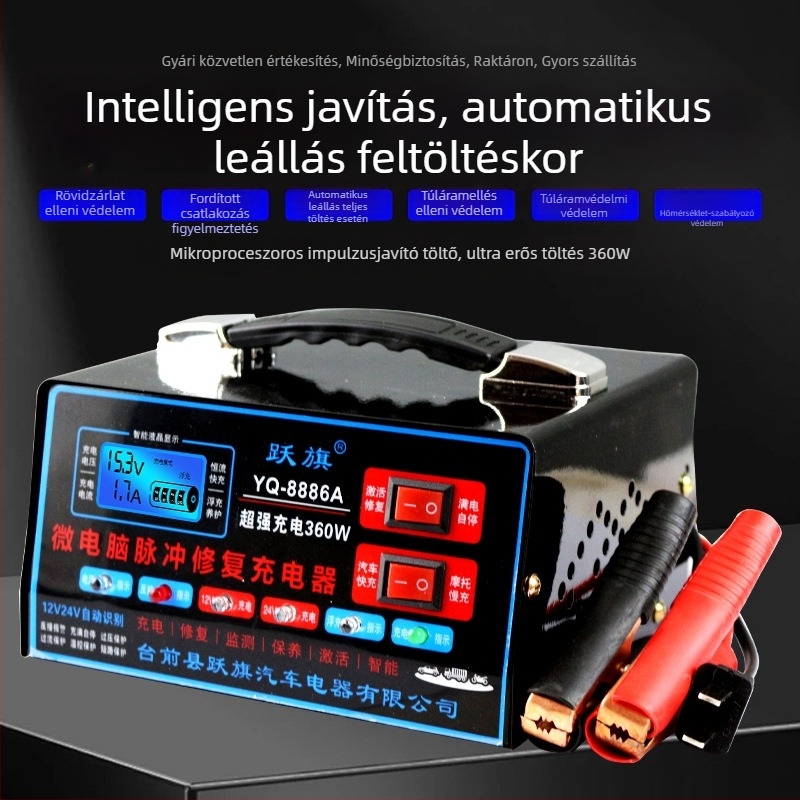 Flags autóakkumulátor töltő, bemenet 100–240V AC, kimenet DC 12V 15A, CE tanúsítvány