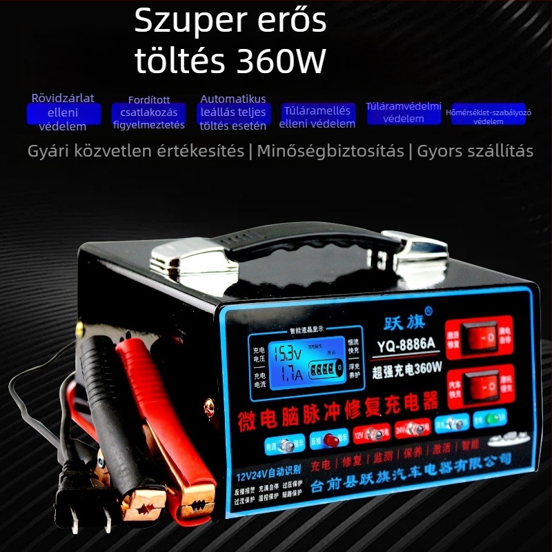 Flags autóakkumulátor töltő, bemenet 100–240V AC, kimenet DC 12V 15A, CE tanúsítvány