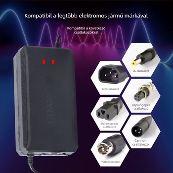 Yoshikawa elektromos jármű töltő, bemenet 100-240V AC, kimenet 58.8V/73V/88.8V, CE tanúsítvány, kompatibil ólom-savas akkumulátorokkal.