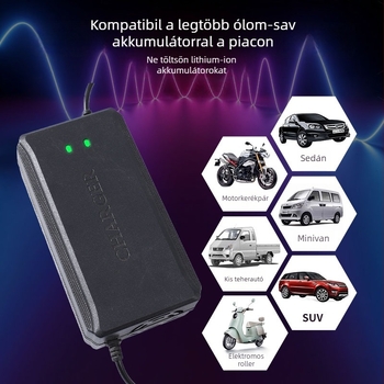 Yoshikawa elektromos jármű töltő, bemenet 100-240V AC, kimenet 58.8V/73V/88.8V, CE tanúsítvány, kompatibil ólom-savas akkumulátorokkal.