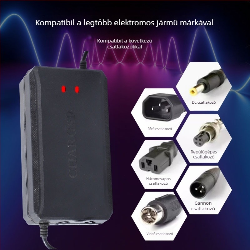 Yoshikawa elektromos jármű töltő, bemenet 100-240V AC, kimenet 58.8V/73V/88.8V, CE tanúsítvány, kompatibil ólom-savas akkumulátorokkal.
